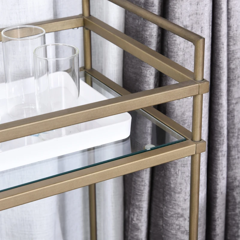 HOMCOM Chariot de service desserte de cuisine à roulettes 2 étagères verre dim. 70L x 35l x 80H cm métal doré