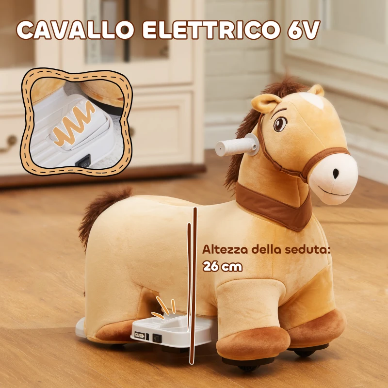 AIYAPLAY Cavallo Cavalcabile Elettrico 6V per Bambini da 18-36 Mesi con Ruote in PU e Musica, Marrone