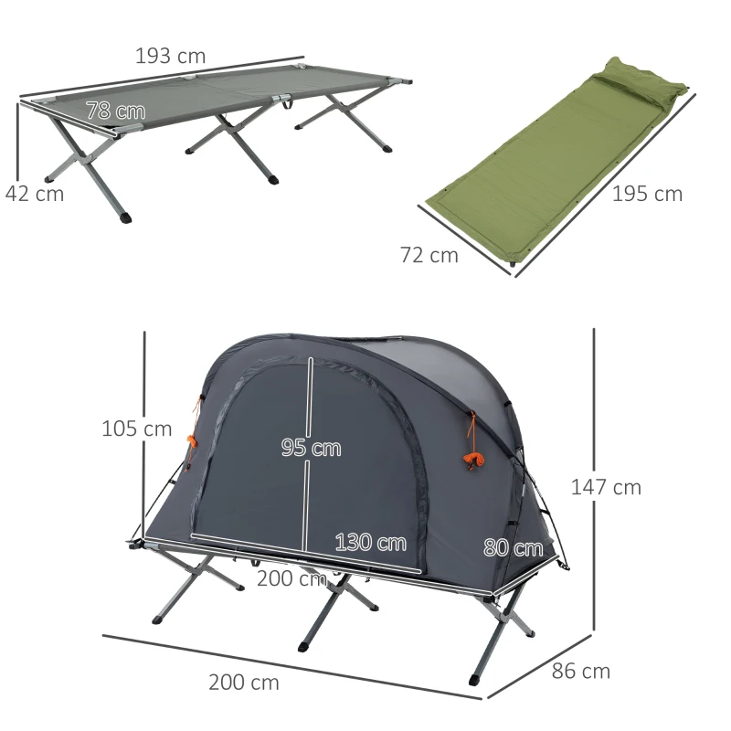 Outsunny Ensemble tente de camping 3 en 1 avec lit de camp 1 personne, tente et 1 matelas gonflable - sac de transport inclus