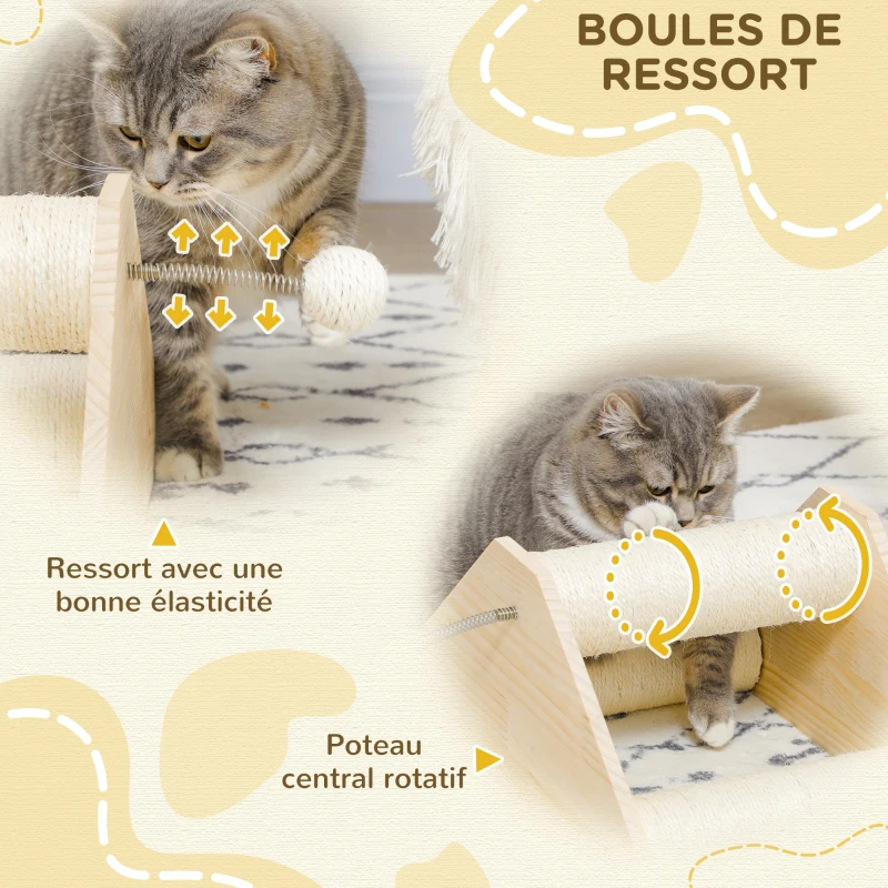 PawHut Griffoir grattoir pour chat 3 rouleaux sisal et 2 pompons sur ressort 40 x 27,5 x 21 cm bois et sisal