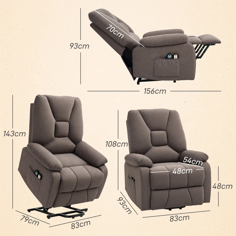 HOMCOM Fauteuil releveur électrique inclinable avec repose-pied et télécommande, tissu polyester aspect lin marron