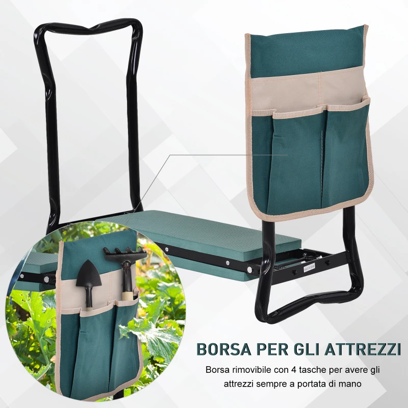 Outsunny Inginocchiatoio Panca da Giardino Pieghevole 2 in 1, Cuscini in EVA e Borsa Portaoggetti, Colore: Verde e Nero