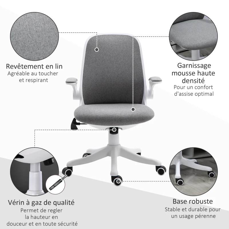 Vinsetto Chaise de bureau fauteuil de bureau tissu lin hauteur réglable pivotante 360° accoudoirs relevables support lombaires réglable gris