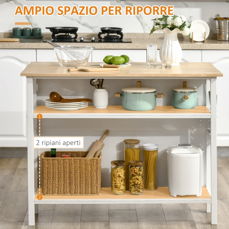 HOMCOM Isola Cucina con Piano di Lavoro Pieghevole e 2 Ripiani in Legno e Acciaio, 120x76x91.5cm, Bianco
