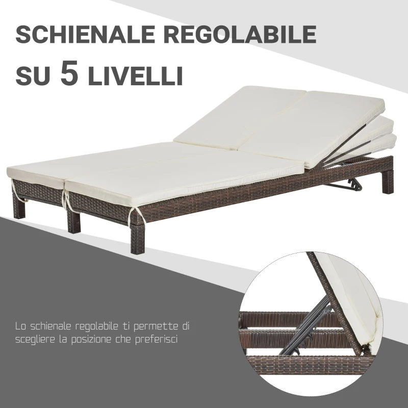Outsunny Lettino Prendisole a 2 Posti, Sdraio in Acciaio e Rattan, Schienale Regolabile, 196 x 120 x 28cm Marrone e Bianco Crema