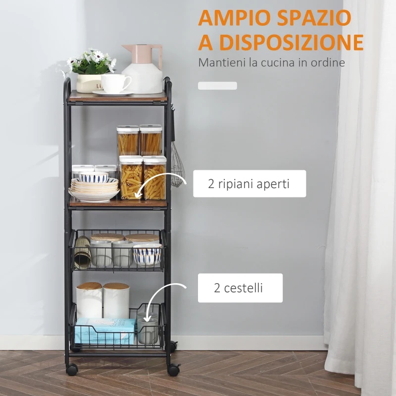 HOMCOM Carrello da Cucina con 2 Cesti estraibili in Metallo, 2 ripiani in Legno Truciolato e Ganci laterali, 40x38x111cm