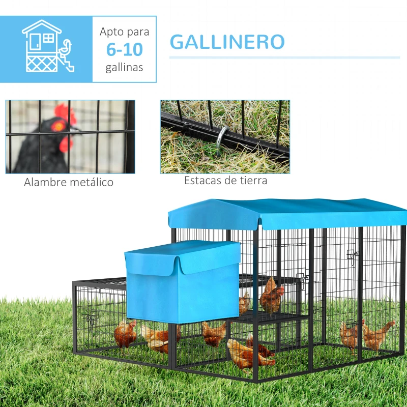 PawHut Gallinero para Exterior de Acero Jaula para 6-10 Gallinas con Toldo Corral de Alambre Independiente Nido Múltiples Puertas y Plataforma 200x165,5x103 cm Negro y Azul