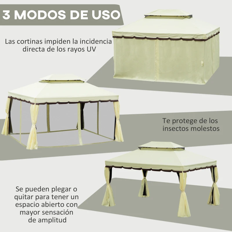 Outsunny Cenador de Jardín 4x3 m Gazebo de Aluminio con Techo de Ventilación 4 Cortinas Laterales 4 Mosquiteras y 8 Orificios de Drenaje para Fiestas Eventos Exterior Crema