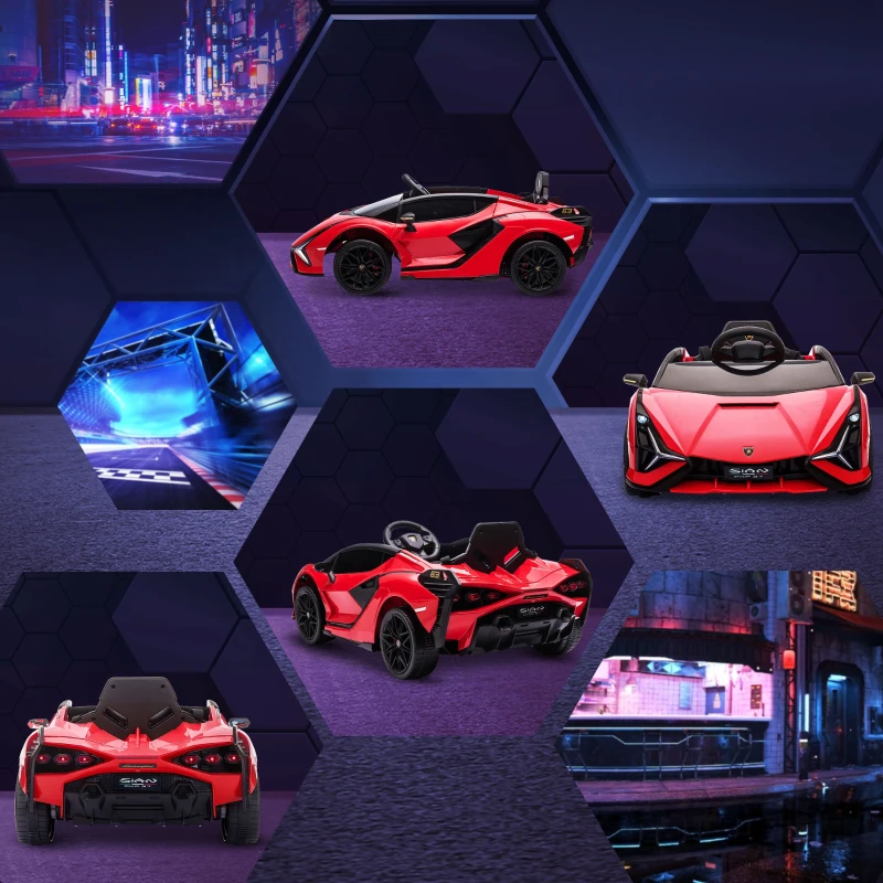 HOMCOM Coche Eléctrico para Niños de +3 Años Lamborghini SIAN Coche de Batería 12V con Mando a Distancia Apertura de Puerta Música MP3 USB y Faros 3-5 km/h 108x62x40 cm Rojo(m-8)