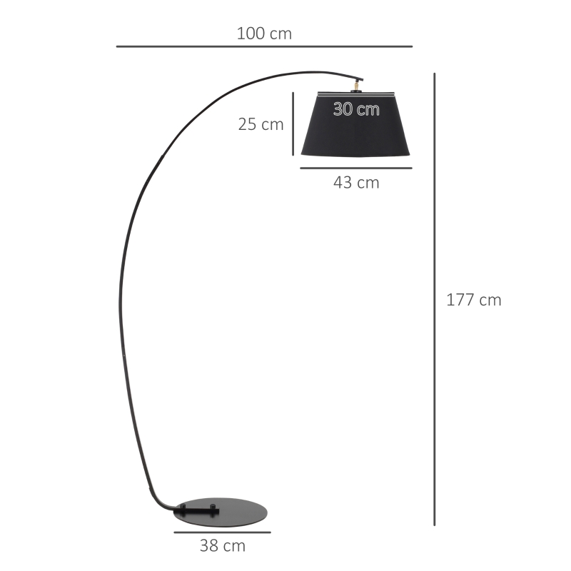 HOMCOM Lampada da Terra ad Arco con Paralume in Tessuto e Piantana Rotonda, 100x43x177cm, Nero