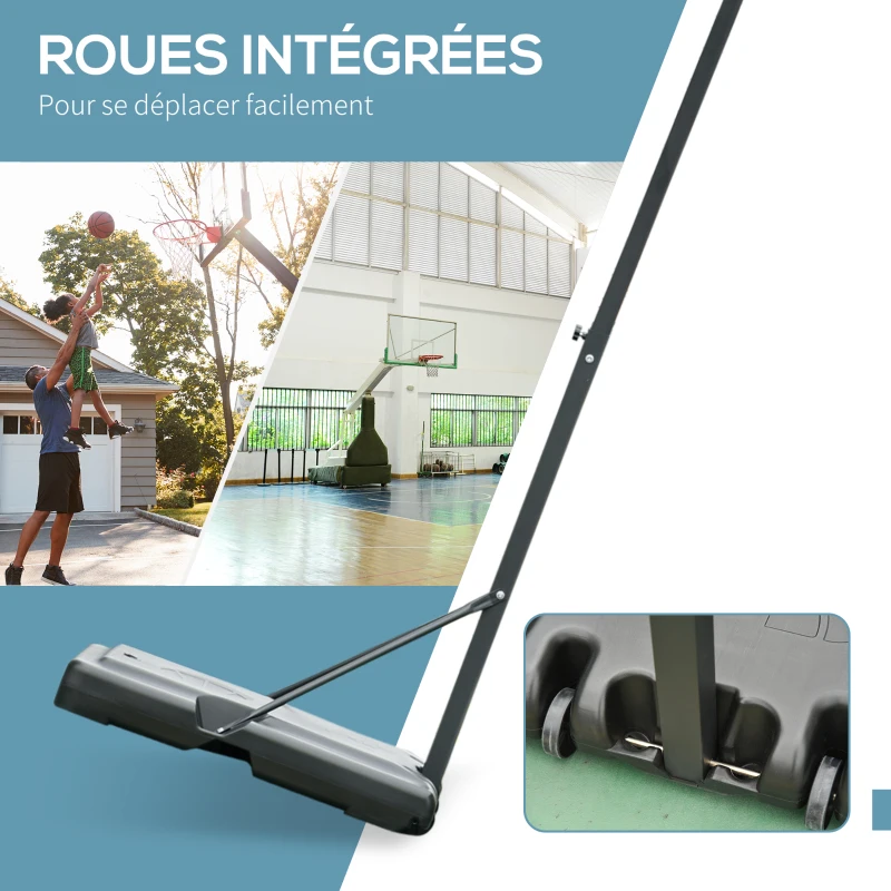 HOMCOM Panier de Basket extérieur avec poteau panneau, base de lestage sur roulettes hauteur réglable 2,55 - 3,05 m (panier) usage intérieur extérieur noir blanc