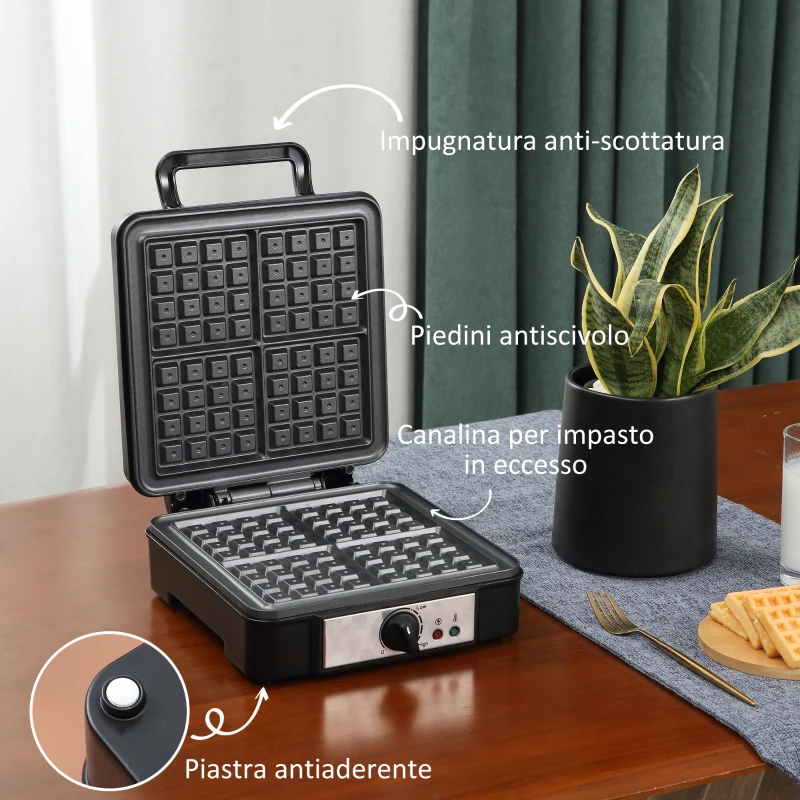 HOMCOM Macchina per Waffle con Piastre Antiaderenti e Temperatura Regolabile, 1200W, Nero