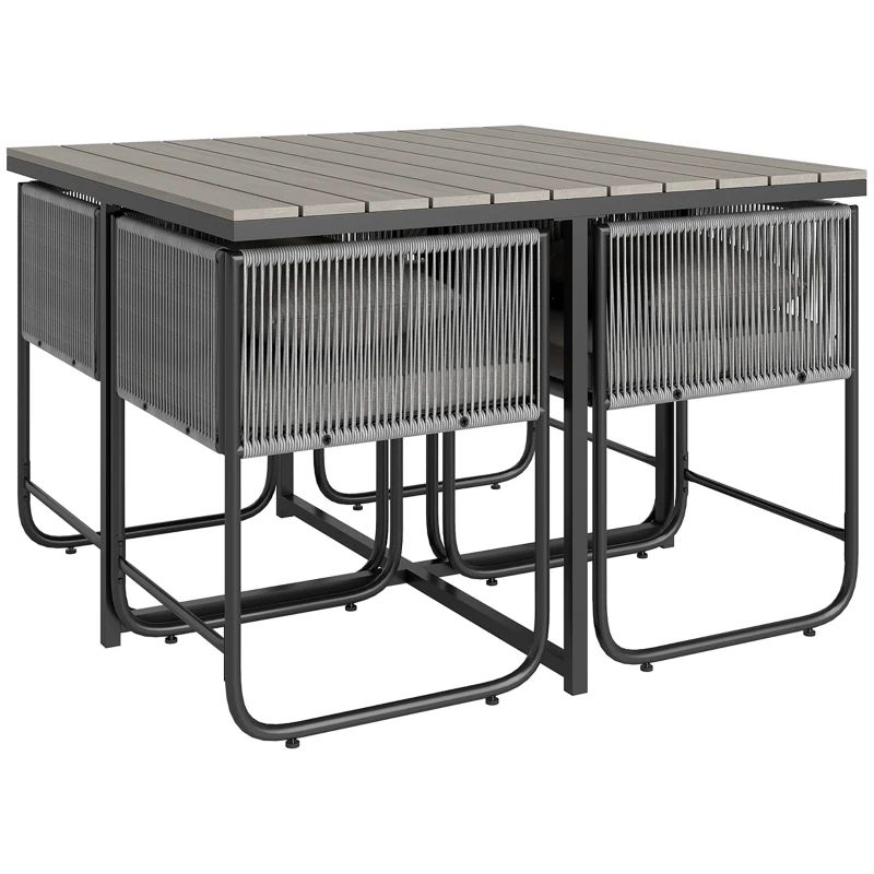 Outsunny 4 Seater Rattan Cube Garden Furniture Set, Rattan Dining Set with Cushions, Outdoor Dining Table and Chairs with Rectangular Wood Grain Plastic Top Table for Patio, Balcony, Grey