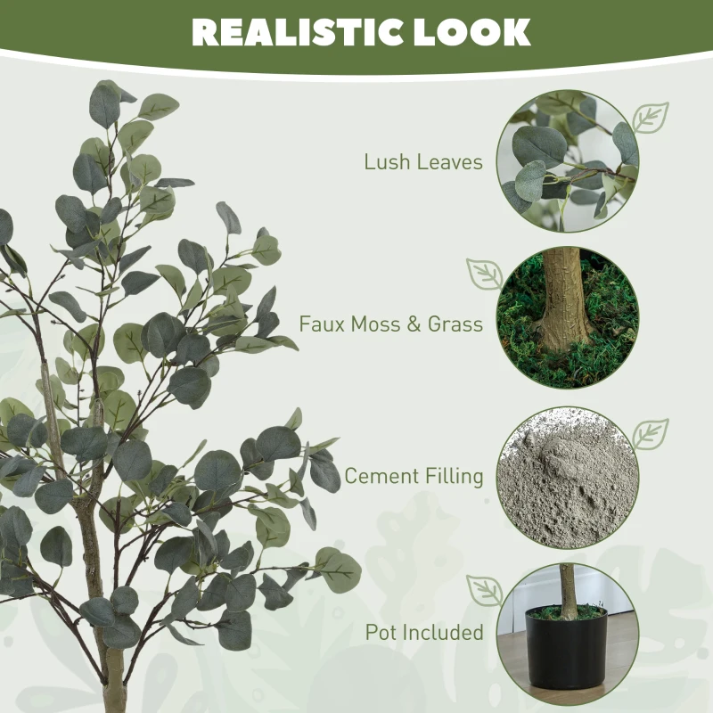 HOMCOM Set of 2 Decorative Artificial Tree, 4ft/ 120cm Silk Eucalyptus Trees with 230 Silver Dollar Leaves in Pot, Fake Plants for Home, Office, Living Room, Indoor Decor