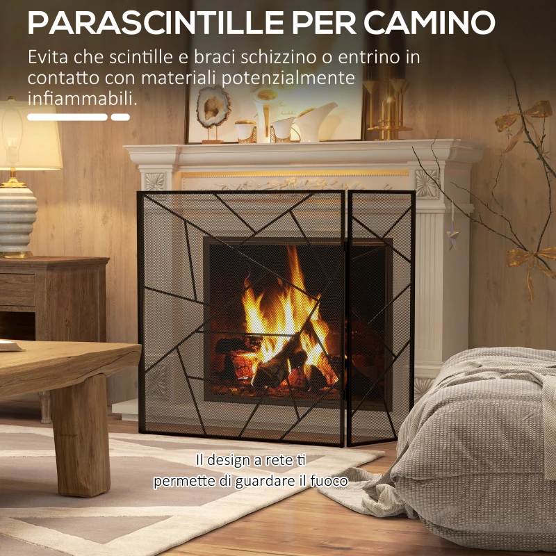 HOMCOM Parascintille per Camino Pieghevole a 3 Pannelli in Acciaio con Design Geometrico, 135x1.2x85cm, Nero