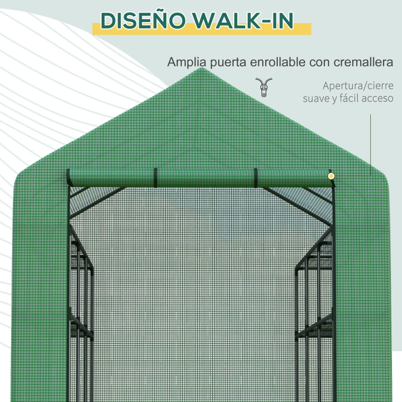 Outsunny Invernadero de Exterior con Estantes de 4 Niveles Puerta con Cremallera y Marco de Acero 244x180x210 cm Verde