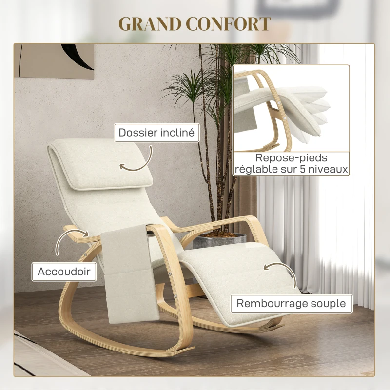 HOMCOM Fauteuil relax à bascule fauteuil allaitement avec repose-pieds réglable, poche latérale et appui-tête, blanc crème