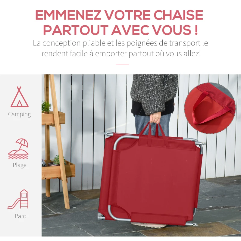 Outsunny Bain de Soleil transat Pliable Dossier réglable Multipositions métal et Polyester Bordeaux