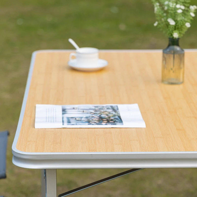 Outsunny Mesa de Camping Plegable Mesa de Picnic Portátil de Aluminio con Encimera de Madera 115x85x75 cm Natural
