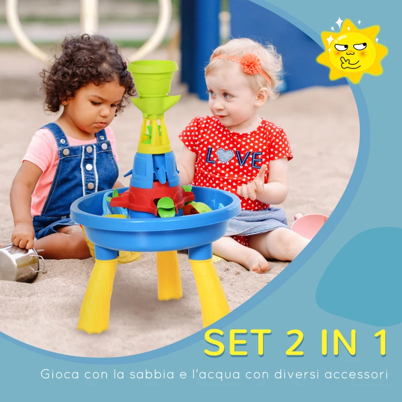 HOMCOM Playset Tavolino Acqua e Sabbia per Bambini con 21 Accessori, Set Giocattoli Tavolo Acquatico da Spiaggia ed Esterni in PP, 46x46x72 cm