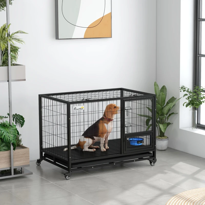 PawHut Heavy Duty Dog Crate on Wheels w/ Bowl Holder, Removable Tray, Openable Top, Detachable Door, for L, XL Dogs
