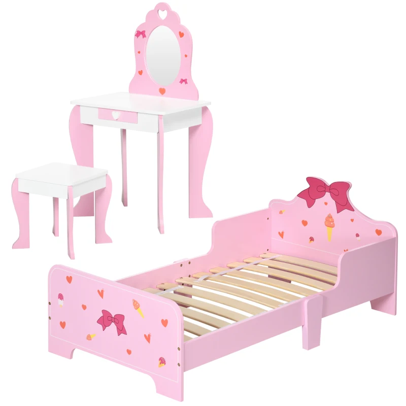 ZONEKIZ 3PCs Kids Bedroom Furniture Set with Bed, Dressing Table and Stool, Princess Themed, for 3-6 Years Old, Pink