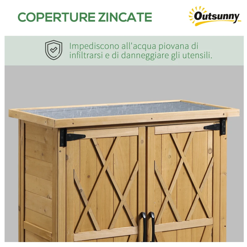 Outsunny Armadio da Giardino Porta Attrezzi in Legno con 2 Ante e 4 Scaffali, Piano in Lamiera, 75x40x90 cm