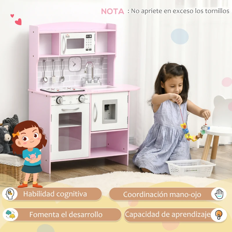 HOMCOM Cocina de Juguete de Madera para Niños de +3 Años Cocinita de Juguete con Luz y Sonidos 70x29x90 cm Rosa