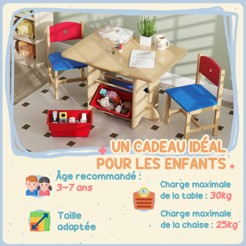 AIYAPLAY Table enfant avec 2 chaises ensemble table et chaises enfants 3 pièces en bois avec 4 bacs de rangement bois naturel