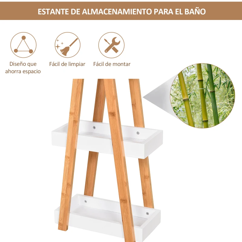 kleankin Estantería de Baño de Bambú con 3 Estantes Estantería de Almacenaje Estantería de Madera en Forma de A 30x18x81 cm Natural y Blanco