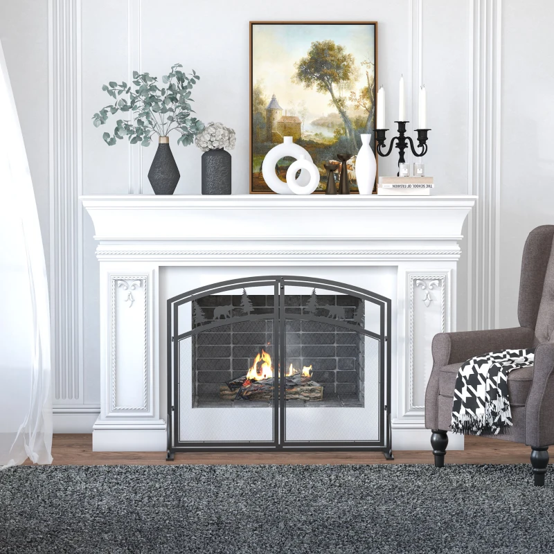 HOMCOM Fire Guard with Double Doors, Metal Mesh Fireplace Screen, Spark Flame Barrier with Tree Decoration for Living Room, Bedroom Decor