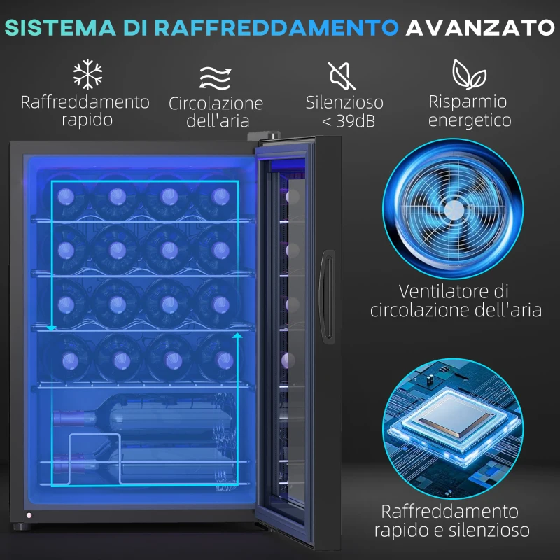 HOMCOM Cantinetta Vino Refrigerata per 20 Bottiglie, Capacità 53L, Porta in Vetro Anti-UV e Ripiani Regolabili, Nero