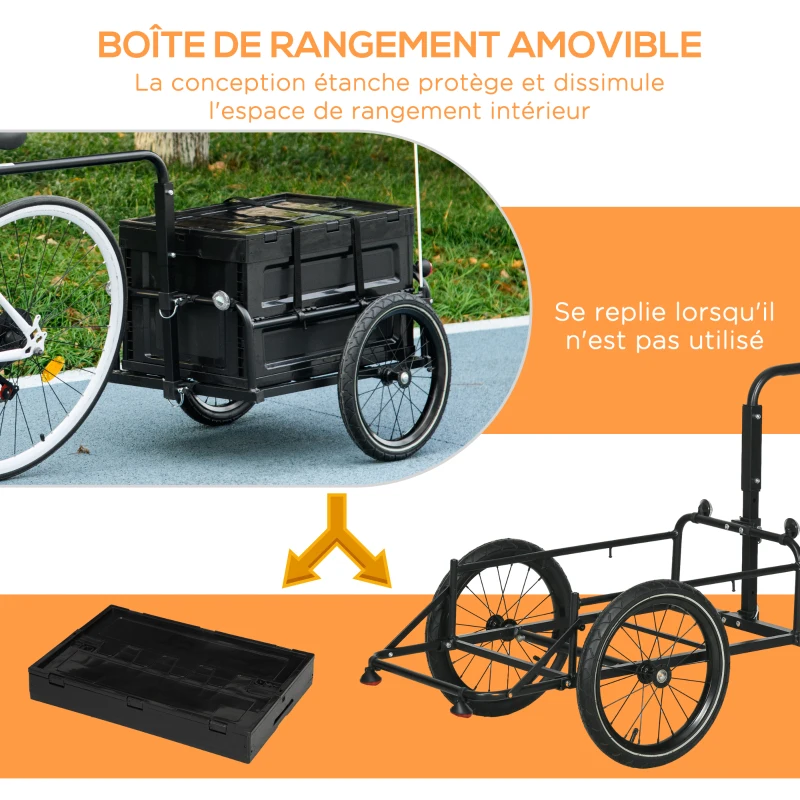 HOMCOM Remorque à vélo avec coffre de rangement amovible et pliable de 65L, réflecteurs de sécurité, charge max. 40KG, noir(m-4)