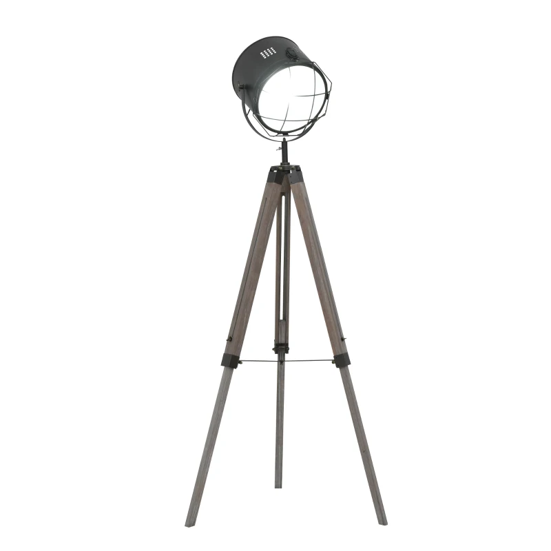 HOMCOM Floor Lamp with Adjustable Tripod for Living Room Bedroom, Vintage Spotlight Reading Lamp with Wood Legs, 115-155cm, Grey