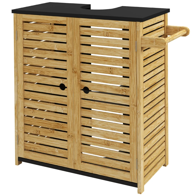 HOMCOM Mobile Sottolavabo Bagno con 2 Ante a Doghe, Porta Asciugamani e Intaglio a U, Legno e Nero