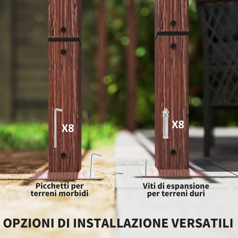 Outsunny Gazebo Pergola con Tetto Retrattile, Picchetti e Viti, in Poliestere e Alluminio, 382x300x232 cm, color Legno