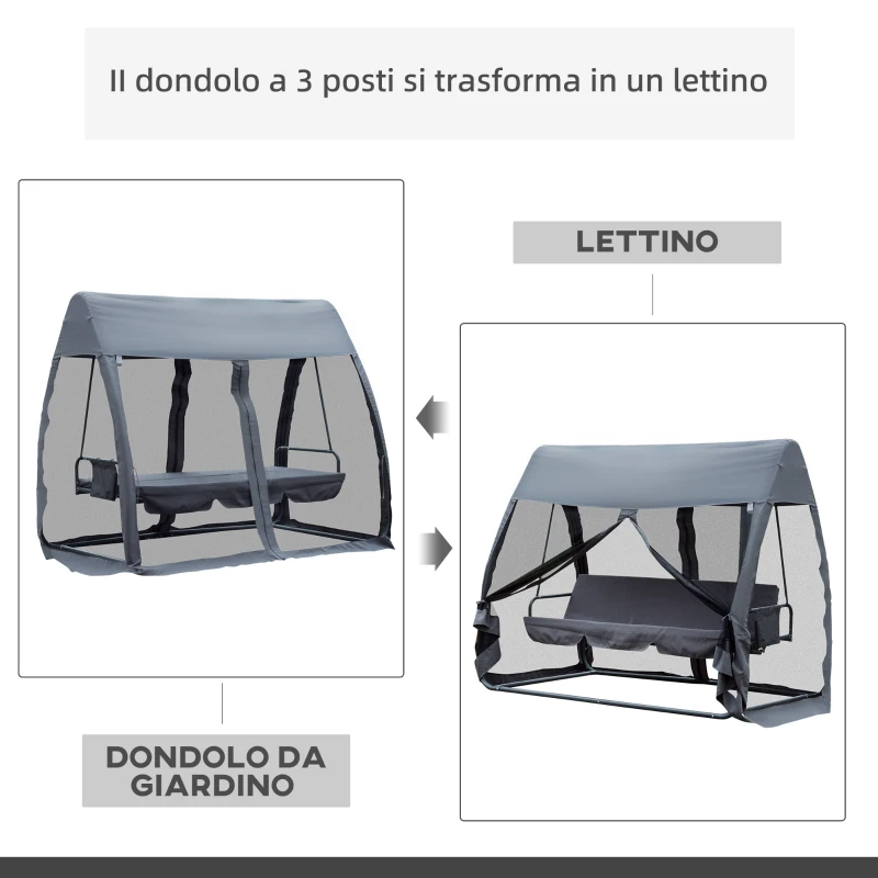 Outsunny Dondolo Letto da Giardino con Zanzariera Grigio, Dondolo Ribaltabile 3 Posti per Esterno e Balcone 240x140x197cm