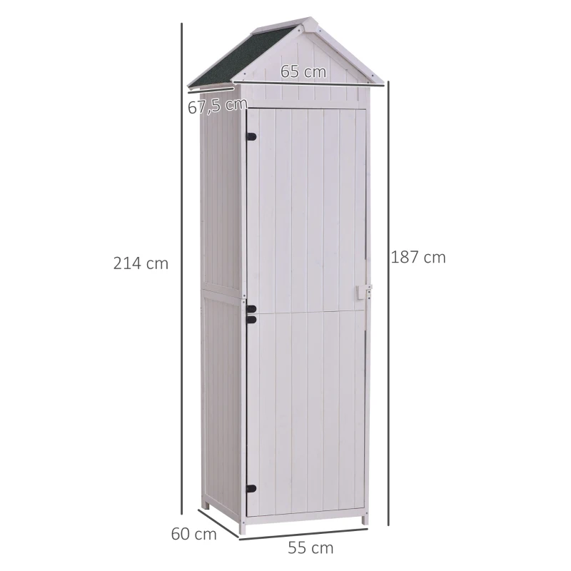 Outsunny Armoire abri de Jardin Remise pour Outils 3 étagères Porte loquet Toit Pente bitumé 68L x 65l x 214H cm pin Massif traité Blanc