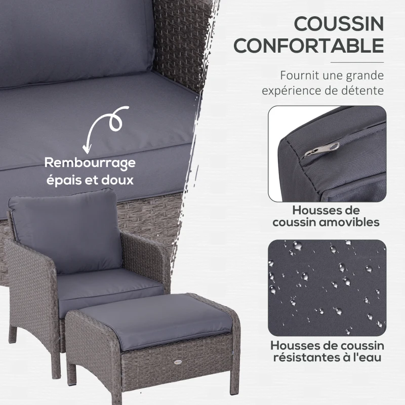 Outsunny Lot de 2 fauteuils de jardin grand confort repose-pied table basse résine tressée imitation rotin coussins gris