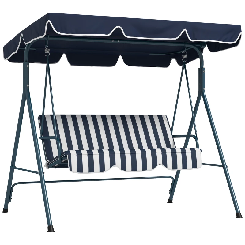 Outsunny Balancelle de Jardin 3 Places Toit Inclinaison réglable Coussins Assise et Dossier Acier Noir Polyester Bleu