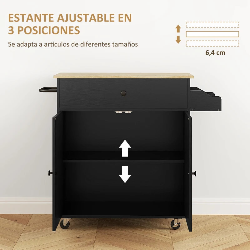 HOMCOM Isla de Cocina con Ala Abatible 2 Puertas Cajón Especiero Toallero y Estante Ajustable 106x42x87 cm Negro y Roble