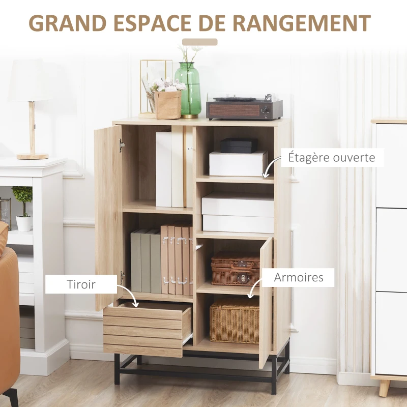 HOMCOM Buffet Meuble de Rangement sur pied de fer avec 2 placards 1 tiroir et 2 niches Aspect Bois - 75 x 40 x 120 cm