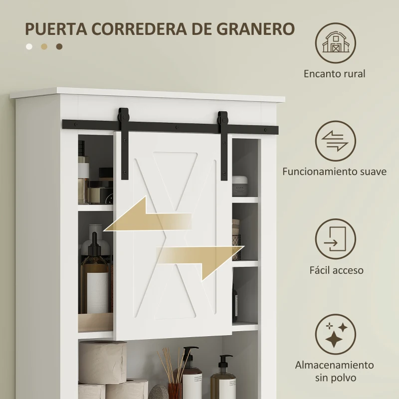HOMCOM Mueble sobre Inodoro para el Baño con Puerta Corredera de Granero y 6 Compartimentos Estilo Rústico 67x25x172 cm Blanco
