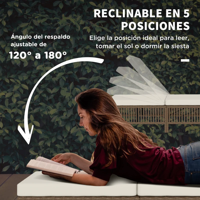Outsunny Conjunto de 2 Tumbonas de Ratán con Mesa de Centro Respaldo Ajustable en 5 Niveles y Cojines 196x54x32 cm Beige