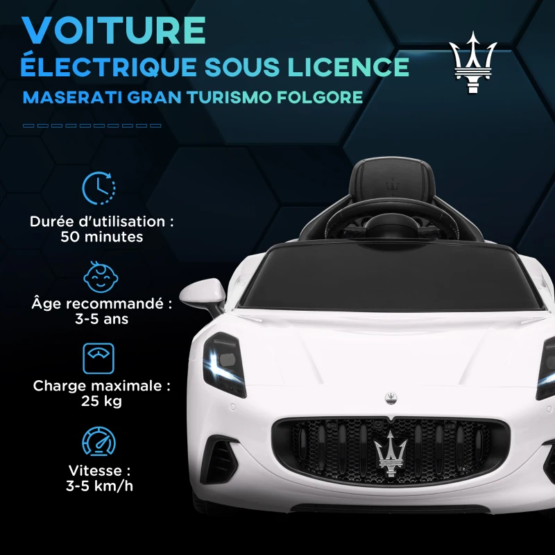 AIYAPLAY Voiture électrique pour enfants sous licence Maserati Gran Turismo Folgore, 12V avec télécommande, de 3 à 5 ans, blanc