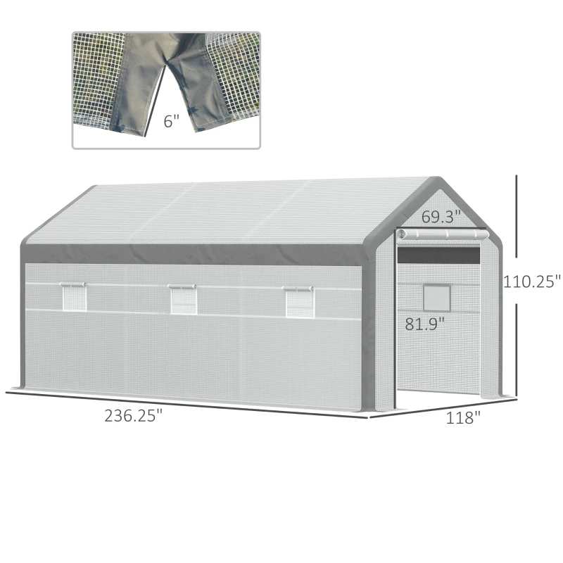 Outsunny Serre de Jardin Tunnel Surface Sol 18 m² 6L x 3l x 2,8H m châssis Tubulaire renforcé Acier 2 Portes + 6 fenêtres enroulables PE Polyester Blanc Gris