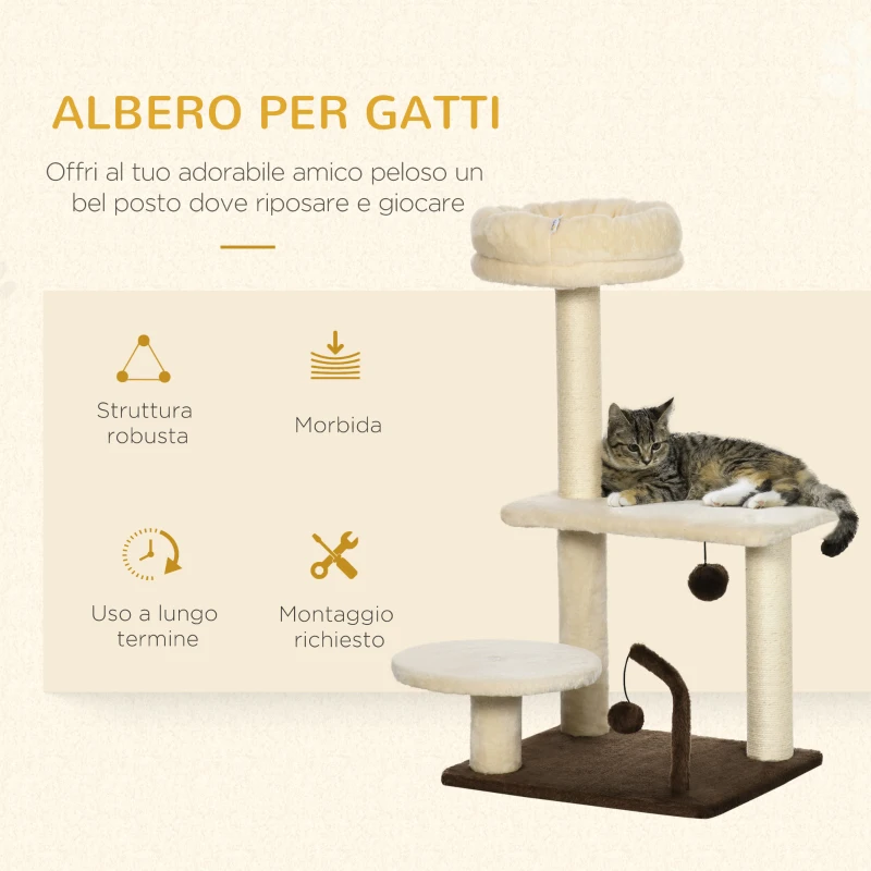 PawHut Albero Tiragraffi per Gatti con Palo in Sisal, Posatoio e Palline da Gioco, in Truciolato e Peluche, 44x38x81 cm