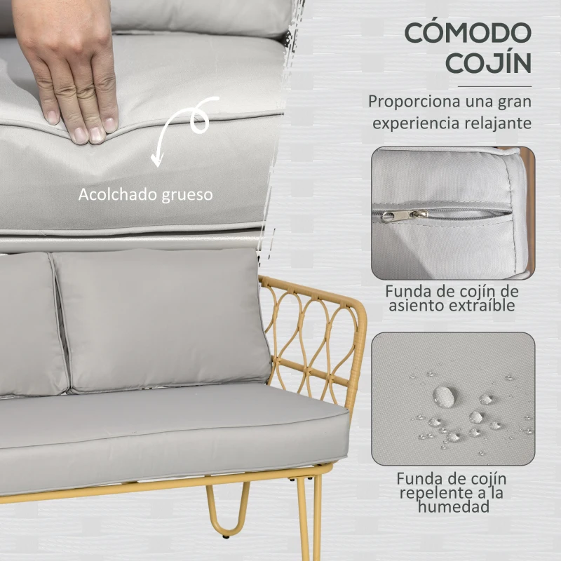 Outsunny Conjunto de Jardín de Ratán Sintético con Sofá Doble 2 Sillones y Mesa de Centro con Encimera de Cristal y Cojines