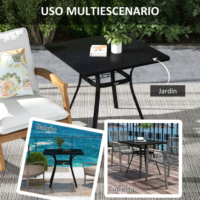 Outsunny Mesa de Jardín con Marco de Acero y Encimera de Metal con Orificio para Sombrilla para Balcón Patio 80x80x72 cm Negro