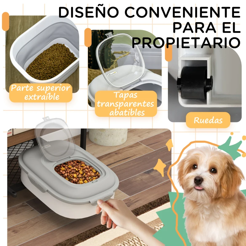 PawHut Contenedor de Comida para Perros 25L con Ruedas Taza Medidora Cuenco Plegable y Cuchara Gris